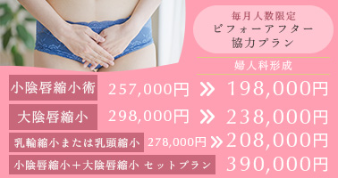 毎月人数限定 ビフォーアフター協力プラン。小陰唇縮小術 257,000円→198,000円 大陰唇縮小 298,000円→238,000円 乳頭縮小または乳輪縮小 278,000円→208,000円 小陰唇縮小+大陰唇縮小セットプラン 390,000円