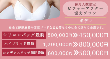 毎月人数限定 ビフォーアフター協力プラン。シリコンバッグ豊胸 800,000円→450,000円 ハイブリッド豊胸 200,000円→800,000円 コンデンスリッチ脂肪豊胸 800,000円→500,000円 ※全て静脈麻酔や固定バンドなど必要なものは全て込みの金額です。